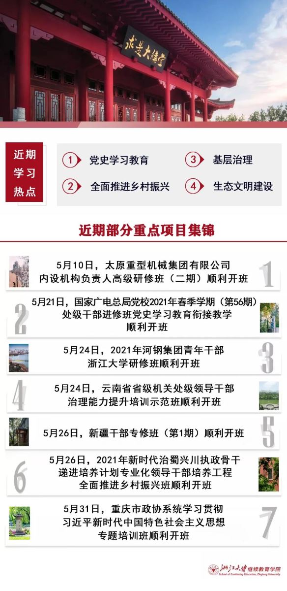 <div> 	<img alt=""  data-cke-saved-src="/images/微信图片_20200930162601(1).jpg" src="/images/微信图片_20200930162601(1).jpg" style="width: 100%; height: 100%;" /></div> <div> 	&nbsp;</div> <div> 	<section data-role="outer" label="Powered by 135editor.com"> 		<section class="_135editor" data-id="98494" data-tools="135编辑器"> 			<section style="margin:10px auto;"> 				<section style="border:2px solid #01458e;box-sizing: border-box;padding:6px;"> 					<section style="background-color: rgb(242, 245, 255); color: rgb(51, 51, 51); padding: 1em 5px; box-sizing: border-box;"> 						<section style="border-left: 6px solid rgb(1, 69, 142); border-right: 6px solid rgb(1, 69, 142); text-align: center; box-sizing: border-box;"> 							<section class="135brush" data-brushtype="text" style="font-size:28px;letter-spacing:2px;color: #3e4148;font-weight: bold;"> 								<div> 									<a  data-cke-saved-href="http://zdpx.zju.edu.cn/jrpx3_1_7749_520.html"><span href="http://zdpx.zju.edu.cn/jrpx3_1_7749_520.html"><span style="font-family:微软雅黑;"><span style="font-size:16px;">浙江大学金融创新与财富管理</span></span></a></div> 								<div> 									<a  data-cke-saved-href="http://zdpx.zju.edu.cn/jrpx3_1_7749_520.html"><span href="http://zdpx.zju.edu.cn/jrpx3_1_7749_520.html"><span style="font-family:微软雅黑;"><span style="font-size:16px;">高级研修班（27期）</span></span></a></div> 							</section> 						</section> 						<section class="assistant" data-width="100%" style="width: 100%; height: 1px; background-color: rgb(1, 69, 142); margin: 1em 0px; overflow: hidden;"> 							&nbsp;</section> 						<section class="135brush" data-autoskip="1" style="padding: 1em 1em 0px; text-align: justify; font-size: 14px; letter-spacing: 1.5px; line-height: 1.75em; box-sizing: border-box;"> 							<div style="text-align: center;"> 								<a  data-cke-saved-href="http://zdpx.zju.edu.cn/jrpx3_1_7749_520.html"><img href="http://zdpx.zju.edu.cn/jrpx3_1_7749_520.html"><img alt="浙江大学金融创新与财富管理高级研修班（27期）"  data-cke-saved-src="http://zdpx.zju.edu.cn/images/20200921142338_16832.png" src="http://zdpx.zju.edu.cn/images/20200921142338_16832.png" style="text-align: justify; height: 100%; width: 100%;" /></a></div> 							<div> 								&nbsp;</div> 							<div> 								<span style="font-family: 微软雅黑;">&nbsp; &nbsp;</span><span style="font-family:微软雅黑;"><span style="font-size:14px;">&nbsp; &nbsp;<span style="margin: 0px; padding: 0px; max-width: 100%; letter-spacing: 0.544px; caret-color: rgb(51, 51, 51); text-indent: 34px; box-sizing: border-box !important; overflow-wrap: break-word !important;">9月19日，浙江大学金融创新与财富管理高级研修班（27期）顺利开班。杭州美卓自动化技术有限公司董事长项美芝作为第25期老学员代表，向学弟学妹们分享了自己的学习感悟。该研修项目学制1年，在学习期间学院将围绕宏观经济与金融创新、投融资实务、互联网金融、财富管理等模块安排课堂教学，并组织海内外金融机构和知名企业考察之旅，为学员提供和金融机构高管、实战专家进行面对面交流与合作的机会，旨在培育一批具有全球化视野、丰富实战经验的高精尖金融管理通才和未来领导者。</span></span></span></div> 						</section> 					</section> 				</section> 			</section> 		</section> 		<section class="_135editor" data-role="paragraph"> 			<div> 				&nbsp;</div> 		</section> 	</section> </div> <div> 	<section data-role="outer" label="Powered by 135editor.com"> 		<section class="_135editor" data-id="98494" data-tools="135编辑器"> 			<section style="margin:10px auto;"> 				<section style="border:2px solid #01458e;box-sizing: border-box;padding:6px;"> 					<section style="background-color: rgb(242, 245, 255); color: rgb(51, 51, 51); padding: 1em 5px; box-sizing: border-box;"> 						<section style="border-left: 6px solid rgb(1, 69, 142); border-right: 6px solid rgb(1, 69, 142); text-align: center; box-sizing: border-box;"> 							<section class="135brush" data-brushtype="text" style="font-size:28px;letter-spacing:2px;color: #3e4148;font-weight: bold;"> 								<div> 									<a  data-cke-saved-href="http://zdpx.zju.edu.cn/news1_7720_300.html"><span href="http://zdpx.zju.edu.cn/news1_7720_300.html"><span style="font-family:微软雅黑;"><span style="font-size:16px;">能源高质量发展重大问题专题研讨班</span></span></a></div> 							</section> 						</section> 						<section class="assistant" data-width="100%" style="width: 100%; height: 1px; background-color: rgb(1, 69, 142); margin: 1em 0px; overflow: hidden;"> 							&nbsp;</section> 						<section class="135brush" data-autoskip="1" style="padding: 1em 1em 0px; text-align: justify; font-size: 14px; letter-spacing: 1.5px; line-height: 1.75em; box-sizing: border-box;"> 							<div> 								<a  data-cke-saved-href="http://zdpx.zju.edu.cn/news1_7720_300.html"><img href="http://zdpx.zju.edu.cn/news1_7720_300.html"><img alt="能源高质量发展重大问题专题研讨班"  data-cke-saved-src="http://zdpx.zju.edu.cn/images/20200920214506_14667.jpg" src="http://zdpx.zju.edu.cn/images/20200920214506_14667.jpg" style="height: 100%; width: 100%;" /></a></div> 							<div> 								&nbsp;</div> 							<div> 								<span style="font-family:微软雅黑;"><span style="font-size:14px;">&nbsp; &nbsp; &nbsp;&nbsp;9月20日，能源高质量发展重大问题专题研讨班顺利开班。国家能源局机关党委专职副书记、人事司副司长赵一农，浙江大学继续教育学院院长、党委副书记兼全国干部教育培训浙江大学基地副主任楼锡锦，浙江大学能源工程学院副院长黄群星出席开班式。本次研讨班特邀知名专家解读习近平新时代中国特色社会主义思想，并围绕能源安全、生态产品价值核算与实现等主题进行授课。学习期间，还将前往嘉兴南湖红色教育基地、安吉余村、浙江大学青山湖能源研究基地等地开展现场教学，旨在教育引导青年干部提升党性修养，增强生态文明意识，有效促进青年干部丰富专业知识、提升专业能力、锤炼专业作风、培育专业精神，不断提高适应新时代能源发展要求的能力。</span></span></div> 						</section> 					</section> 				</section> 			</section> 		</section> 		<section class="_135editor" data-role="paragraph"> 			<div> 				&nbsp;</div> 		</section> 	</section> </div> <div> 	<div> 		<section data-role="outer" label="Powered by 135editor.com"> 			<section class="_135editor" data-id="98494" data-tools="135编辑器"> 				<section style="margin:10px auto;"> 					<section style="border:2px solid #01458e;box-sizing: border-box;padding:6px;"> 						<section style="background-color: rgb(242, 245, 255); color: rgb(51, 51, 51); padding: 1em 5px; box-sizing: border-box;"> 							<section style="border-left: 6px solid rgb(1, 69, 142); border-right: 6px solid rgb(1, 69, 142); text-align: center; box-sizing: border-box;"> 								<section class="135brush" data-brushtype="text" style="font-size:28px;letter-spacing:2px;color: #3e4148;font-weight: bold;"> 									<div> 										<a  data-cke-saved-href="http://zdpx.zju.edu.cn/zfpx3_1_7756_421.html"><span href="http://zdpx.zju.edu.cn/zfpx3_1_7756_421.html"><span style="font-family:微软雅黑;"><span style="font-size:16px;">广东省公办本科高校党组织</span></span></a></div> 									<div> 										<a  data-cke-saved-href="http://zdpx.zju.edu.cn/zfpx3_1_7756_421.html"><span href="http://zdpx.zju.edu.cn/zfpx3_1_7756_421.html"><span style="font-family:微软雅黑;"><span style="font-size:16px;">负责人在线示范培训班</span></span></a></div> 								</section> 							</section> 							<section class="assistant" data-width="100%" style="width: 100%; height: 1px; background-color: rgb(1, 69, 142); margin: 1em 0px; overflow: hidden;"> 								&nbsp;</section> 							<section class="135brush" data-autoskip="1" style="padding: 1em 1em 0px; text-align: justify; font-size: 14px; letter-spacing: 1.5px; line-height: 1.75em; box-sizing: border-box;"> 								<div> 									<a  data-cke-saved-href="http://zdpx.zju.edu.cn/zfpx3_1_7756_421.html"><img href="http://zdpx.zju.edu.cn/zfpx3_1_7756_421.html"><img alt="广东省公办本科高校党组织负责人在线示范培训班"  data-cke-saved-src="http://zdpx.zju.edu.cn/images/20200923084225_68189.jpg" src="http://zdpx.zju.edu.cn/images/20200923084225_68189.jpg" style="height: 100%; width: 100%;" /></a></div> 								<div> 									&nbsp;</div> 								<div> 									<span style="font-family:微软雅黑;"><span style="font-size:14px;">&nbsp; &nbsp; &nbsp;&nbsp;9月21日，广东省公办本科高校党组织负责人在线示范培训班顺利开班。广东省委教育工委组织处处长廖荣辉、浙江大学继续教育学院副院长王正栋出席开班式。本次培训分阶段进行，第一阶段为直播课程学习，主要课程有&ldquo;《习近平谈治国理政》第三卷导读&rdquo;&ldquo;学科带头人培养与创新团队建设&rdquo;等；第二阶段为录播课程学习，主要课程有&ldquo;打造中国高质量经济升级版&mdash;&mdash;当前中国经济运行环境，趋势和发展对策分析&rdquo;&ldquo;全面贯彻党的教育方针，扎实做好高校党建工作&rdquo;等。在完成两个阶段的学习之后，学员们还将开展线上研讨，提炼学习成果，提升培训实效。</span></span></div> 							</section> 						</section> 					</section> 				</section> 			</section> 			<section class="_135editor" data-role="paragraph"> 				<div> 					&nbsp;</div> 			</section> 		</section> 	</div> 	<div> 		<div> 			<section data-role="outer" label="Powered by 135editor.com"> 				<section class="_135editor" data-id="98494" data-tools="135编辑器"> 					<section style="margin:10px auto;"> 						<section style="border:2px solid #01458e;box-sizing: border-box;padding:6px;"> 							<section style="background-color: rgb(242, 245, 255); color: rgb(51, 51, 51); padding: 1em 5px; box-sizing: border-box;"> 								<section style="border-left: 6px solid rgb(1, 69, 142); border-right: 6px solid rgb(1, 69, 142); text-align: center; box-sizing: border-box;"> 									<section class="135brush" data-brushtype="text" style="font-size:28px;letter-spacing:2px;color: #3e4148;font-weight: bold;"> 										<div> 											<a  data-cke-saved-href="http://zdpx.zju.edu.cn/zfpx3_1_7763_426.html"><span href="http://zdpx.zju.edu.cn/zfpx3_1_7763_426.html"><span style="font-family:微软雅黑;"><span style="font-size:16px;">河北雄安新区人社干部</span></span></a></div> 										<div> 											<a  data-cke-saved-href="http://zdpx.zju.edu.cn/zfpx3_1_7763_426.html"><span href="http://zdpx.zju.edu.cn/zfpx3_1_7763_426.html"><span style="font-family:微软雅黑;"><span style="font-size:16px;">综合能力提升培训班</span></span></a></div> 									</section> 								</section> 								<section class="assistant" data-width="100%" style="width: 100%; height: 1px; background-color: rgb(1, 69, 142); margin: 1em 0px; overflow: hidden;"> 									&nbsp;</section> 								<section class="135brush" data-autoskip="1" style="padding: 1em 1em 0px; text-align: justify; font-size: 14px; letter-spacing: 1.5px; line-height: 1.75em; box-sizing: border-box;"> 									<div> 										<a  data-cke-saved-href="http://zdpx.zju.edu.cn/zfpx3_1_7763_426.html"><img href="http://zdpx.zju.edu.cn/zfpx3_1_7763_426.html"><img alt="河北雄安新区人社干部综合能力提升培训班"  data-cke-saved-src="/images/640 src="/images/640 (2)_webp.jpg" style="width: 100%; height: 100%;" /></a></div> 									<div> 										&nbsp;</div> 									<div> 										<span style="font-size:14px;"><span style="font-family:微软雅黑;">&nbsp; &nbsp; &nbsp;&nbsp;9月21日，河北雄安新区人社干部综合能力提升培训班顺利开班。雄安新区管理委员会公共服务局副局长曹培锋，浙江大学继续教育学院院长、党委副书记兼全国干部教育培训浙江大学基地副主任楼锡锦出席开班式。本次培训主要开设&ldquo;防疫常态背景下产业转型升级与战略性新兴产业培育策略&rdquo;&ldquo;数字经济时代：创新驱动的产业演进与转型升级的区域探索&rdquo;&ldquo;互联网+创新创业&rdquo;等课程，并安排学员前往嘉兴南湖红色教育基地、杭州人力资源服务产业园等地进行现场教学，旨在提升学员的综合能力，进一步推动新区群众就业创业之路，共建共享新区发展。</span></span></div> 								</section> 							</section> 						</section> 					</section> 				</section> 				<section class="_135editor" data-role="paragraph"> 					<div> 						&nbsp;</div> 				</section> 			</section> 		</div> 		<div> 			<div> 				<section data-role="outer" label="Powered by 135editor.com"> 					<section class="_135editor" data-id="98494" data-tools="135编辑器"> 						<section style="margin:10px auto;"> 							<section style="border:2px solid #01458e;box-sizing: border-box;padding:6px;"> 								<section style="background-color: rgb(242, 245, 255); color: rgb(51, 51, 51); padding: 1em 5px; box-sizing: border-box;"> 									<section style="border-left: 6px solid rgb(1, 69, 142); border-right: 6px solid rgb(1, 69, 142); text-align: center; box-sizing: border-box;"> 										<section class="135brush" data-brushtype="text" style="font-size:28px;letter-spacing:2px;color: #3e4148;font-weight: bold;"> 											<div> 												<span style="font-family:微软雅黑;"><span style="font-size:16px;">国培计划（2020）&mdash;中西部项目市州级</span></span></div> 											<div> 												<span style="font-family:微软雅黑;"><span style="font-size:16px;">教师发展中心骨干团队研修项目（一期）</span></span></div> 										</section> 									</section> 									<section class="assistant" data-width="100%" style="width: 100%; height: 1px; background-color: rgb(1, 69, 142); margin: 1em 0px; overflow: hidden;"> 										&nbsp;</section> 									<section class="135brush" data-autoskip="1" style="padding: 1em 1em 0px; text-align: justify; font-size: 14px; letter-spacing: 1.5px; line-height: 1.75em; box-sizing: border-box;"> 										<div> 											<a  data-cke-saved-href="http://zdpx.zju.edu.cn/news1_7626_300.html"><img href="http://zdpx.zju.edu.cn/news1_7626_300.html"><img alt="国培计划（2020）—中西部项目市州级教师发展中心骨干团队研修项目（一期）"  data-cke-saved-src="/images/640 src="/images/640 (2)_webp (1).jpg" style="height: 100%; width: 100%;" /></a></div> 										<div> 											&nbsp;</div> 										<div> 											<span style="font-family:微软雅黑;"><span style="font-size:14px;">&nbsp; &nbsp;&nbsp;&nbsp;&nbsp;9月21日，国培计划（2020）&mdash;中西部项目市州级教师发展中心骨干团队研修项目（一期）顺利开班。黔西南州教育局办公室主任杨俊碧出席开班式。本次培训为学员量身定制了&ldquo;&lsquo;十四五&rsquo;期间基础教育教学研究改革的重点&rdquo;&ldquo;基于互联网的工作坊教师联合研修的模式和策略&rdquo;&ldquo;基于策划的校本研修的策略与实施&rdquo;等课程，并安排前往杭州市丁兰实验中学、浙江大学校史馆、科技馆等地进行现场教学。培训期间，学员们还将结合工作实际与课程所学，共同探讨促进贵州省中小学幼儿园教师专业发展的策略与方法。</span></span></div> 									</section> 								</section> 							</section> 						</section> 					</section> 					<section class="_135editor" data-role="paragraph"> 						<div> 							&nbsp;</div> 					</section> 				</section> 			</div> 			<div> 				<div> 					<section data-role="outer" label="Powered by 135editor.com"> 						<section class="_135editor" data-id="98494" data-tools="135编辑器"> 							<section style="margin:10px auto;"> 								<section style="border:2px solid #01458e;box-sizing: border-box;padding:6px;"> 									<section style="background-color: rgb(242, 245, 255); color: rgb(51, 51, 51); padding: 1em 5px; box-sizing: border-box;"> 										<section style="border-left: 6px solid rgb(1, 69, 142); border-right: 6px solid rgb(1, 69, 142); text-align: center; box-sizing: border-box;"> 											<section class="135brush" data-brushtype="text" style="font-size:28px;letter-spacing:2px;color: #3e4148;font-weight: bold;"> 												<div> 													<span style="font-family:微软雅黑;"><span style="font-size:16px;">云南省加强经济运行调节</span></span></div> 												<div> 													<span style="font-family:微软雅黑;"><span style="font-size:16px;">推动高质量发展专题培训班</span></span></div> 											</section> 										</section> 										<section class="assistant" data-width="100%" style="width: 100%; height: 1px; background-color: rgb(1, 69, 142); margin: 1em 0px; overflow: hidden;"> 											&nbsp;</section> 										<section class="135brush" data-autoskip="1" style="padding: 1em 1em 0px; text-align: justify; font-size: 14px; letter-spacing: 1.5px; line-height: 1.75em; box-sizing: border-box;"> 											<div> 												<img alt="云南省加强经济运行调节推动高质量发展专题培训班"  data-cke-saved-src="/images/640 src="/images/640 (2)_webp (2).jpg" style="width: 100%; height: 100%;" /></div> 											<div> 												&nbsp;</div> 											<div> 												<span style="font-family:微软雅黑;"><span style="font-size:14px;">&nbsp; &nbsp; &nbsp;&nbsp;9月21日，云南省加强经济运行调节推动高质量发展专题培训班顺利开班。云南省发展和改革委员会机关党委（人事处）副处长祝越，浙江大学继续教育学院党委书记、副院长兼全国干部教育培训浙江大学基地常务副主任童晓明出席开班式。本次培训紧紧围绕高质量发展主题，有针对性地开设了&ldquo;创新经济运行调节工作机制和思路&rdquo;&ldquo;高质量发展评价指标体系建设&rdquo;等课程，并安排前往云栖小镇、浙江中控技术股份有限公司等地进行现场教学。通过课堂学习和现场教学相结合的授课模式，提升参训学员的专业能力，使其为促进云南省经济高质量发展作出更大贡献。</span></span></div> 										</section> 									</section> 								</section> 							</section> 						</section> 					</section> 				</div> 			</div> 		</div> 	</div> </div> <div> 	&nbsp;</div> <div> 	<section data-role="outer" label="Powered by 135editor.com"> 		<section class="_135editor" data-id="98494" data-tools="135编辑器"> 			<section style="margin:10px auto;"> 				<section style="border:2px solid #01458e;box-sizing: border-box;padding:6px;"> 					<section style="background-color: rgb(242, 245, 255); color: rgb(51, 51, 51); padding: 1em 5px; box-sizing: border-box;"> 						<section style="border-left: 6px solid rgb(1, 69, 142); border-right: 6px solid rgb(1, 69, 142); text-align: center; box-sizing: border-box;"> 							<section class="135brush" data-brushtype="text" style="font-size:28px;letter-spacing:2px;color: #3e4148;font-weight: bold;"> 								<div> 									<span style="font-family:微软雅黑;"><span style="font-size:16px;">陕西燃气集团人力资源管理培训班</span></span></div> 							</section> 						</section> 						<section class="assistant" data-width="100%" style="width: 100%; height: 1px; background-color: rgb(1, 69, 142); margin: 1em 0px; overflow: hidden;"> 							&nbsp;</section> 						<section class="135brush" data-autoskip="1" style="padding: 1em 1em 0px; text-align: justify; font-size: 14px; letter-spacing: 1.5px; line-height: 1.75em; box-sizing: border-box;"> 							<div style="text-align: center;"> 								<a  data-cke-saved-href="http://zdpx.zju.edu.cn/news1_7655_300.html"><img href="http://zdpx.zju.edu.cn/news1_7655_300.html"><img alt="陕西燃气集团人力资源管理培训班"  data-cke-saved-src="/images/640 src="/images/640 (2)_webp (3).jpg" style="height: 100%; width: 100%;" /></a></div> 							<div> 								&nbsp;</div> 							<div> 								<span style="font-family:微软雅黑;"><span style="font-size:14px;">&nbsp; &nbsp;&nbsp; &nbsp;9月25日，陕西燃气集团人力资源管理培训班顺利开班。陕西燃气集团有限公司副总经理邓军孝、浙江大学继续教育学院副院长王正栋出席开班式。在培训前期，学院与陕西燃气集团就课程安排、师资邀请等进行了多次沟通，根据能源型企业的特色，有针对性地设计了&ldquo;人力资源管理未来趋势和人力资源服务市场概况&rdquo;&ldquo;中国人力资源突破与国有企业人力资源开放&rdquo;等课程，并安排前往新华三集团、浙商博物馆等地进行现场教学，旨在拓宽参训学员的人才选用视野，提升对人才的管理能力，构建人力工作的新思维与新模式。</span></span></div> 						</section> 					</section> 				</section> 			</section> 		</section> 		<section class="_135editor" data-role="paragraph"> 			<div> 				&nbsp;</div> 		</section> 	</section> </div> <section class="_135editor" data-id="93671" data-tools="135编辑器"> 	<section style="padding: 10px;text-align: center;"> 		<section style="display: inline-block;padding:0px 0px 6px 0px;border-bottom: 1px dashed #333;box-sizing: border-box;"> 			<section class="135brush" data-brushtype="text" style="padding: 5px 1em; color:#333;font-size:16px;letter-spacing:1px;background:#01458e;"> 				<div> 					<span style="font-family:微软雅黑;"><span style="font-size:16px;"><strong><span style="color: #ffffff;">延伸阅读</span></strong></span></span></div> 			</section> 		</section> 	</section> </section> <section class="_135editor" data-id="86161" data-tools="135编辑器"> 	<section style="margin-top: 0.5em; margin-bottom: 0.5em; position: static;"> 		<section style="border-width: 8px 1px 1px; border-style: solid; border-color: #01458e #cccccc #cccccc; box-shadow: #cccccc 0px 0px 8px;"> 			<section style="font-size: 24px; padding: 5px 10px;"> 				<div> 					<span style="font-family:微软雅黑;"><span style="font-size:14px;"><a  data-cke-saved-href="http://zdpx.zju.edu.cn/news_xc_6981_800.html" href="http://zdpx.zju.edu.cn/news_xc_6981_800.html" style="text-decoration-line: none; font-family: 微软雅黑; font-size: 14px;">习近平总书记在浙江考察行程&mdash;&mdash;浙江大学干部培训现场教学点最全梳理</a></span></span></div> 				<div> 					<span style="font-family:微软雅黑;"><span style="font-size:14px;"><a  data-cke-saved-href="http://zdpx.zju.edu.cn/news1_7406_307.html" href="http://zdpx.zju.edu.cn/news1_7406_307.html" style="font-family: 微软雅黑; font-size: 14px;">全国的党政领导干部为什么选择来浙江大学培训？</a></span></span></div> 				<div> 					<hr /> 					<div> 						<div> 							<strong style="font-family: 微软雅黑; font-size: 14px;">推荐阅读：</strong></div> 						<div> 							<span style="font-family:微软雅黑;"><span style="font-size:14px;"><a  data-cke-saved-href="http://zdpx.zju.edu.cn/zfpx3.html" href="http://zdpx.zju.edu.cn/zfpx3.html" style="font-size: 14px; font-family: 微软雅黑;">点击了解&nbsp; 学院 &middot; 最新开班情况&nbsp;</a></span></span></div> 						<div> 							<span style="font-family:微软雅黑;"><span style="font-size:14px;"><a  data-cke-saved-href="http://zdpx.zju.edu.cn/news1_7360_309.html">点击了解&nbsp; href="http://zdpx.zju.edu.cn/news1_7360_309.html">点击了解&nbsp; 学院 &middot; 线上培训班相关案例&nbsp;</a></span></span></div> 						<div> 							<span style="font-family:微软雅黑;"><span style="font-size:14px;"><a  data-cke-saved-href="http://zdpx.zju.edu.cn/scezju.html" href="http://zdpx.zju.edu.cn/scezju.html" style="font-family: 微软雅黑; font-size: 14px;">点击了解&nbsp; 学院 &middot;&nbsp;</a><a  data-cke-saved-href="http://zdpx.zju.edu.cn/gxjd.html">简介</a></span></span></div> href="http://zdpx.zju.edu.cn/gxjd.html">简介</a></span></span></div> 						<div> 							<span style="font-family:微软雅黑;"><span style="font-size:14px;"><a  data-cke-saved-href="http://zdpx.zju.edu.cn/scezju_42.html" href="http://zdpx.zju.edu.cn/scezju_42.html" style="font-family: 微软雅黑; font-size: 14px;">点击了解&nbsp; 学院 &middot; 办学优势</a></span></span></div> 						<div> 							<span style="font-family:微软雅黑;"><span style="font-size:14px;"><a  data-cke-saved-href="http://zdpx.zju.edu.cn/scezju.html" href="http://zdpx.zju.edu.cn/scezju.html" style="font-family: 微软雅黑; font-size: 14px;">点击了解&nbsp; 学院 &middot; 办学特色</a></span></span></div> 						<div> 							<span style="font-family:微软雅黑;"><span style="font-size:14px;"><a  data-cke-saved-href="http://zdpx.zju.edu.cn/scezju.html" href="http://zdpx.zju.edu.cn/scezju.html" style="font-family: 微软雅黑; font-size: 14px;">点击了解&nbsp; 学院 &middot;</a><a  data-cke-saved-href="http://zdpx.zju.edu.cn/zdcampus_13.html">&nbsp;后勤保障</a></span></span></div> href="http://zdpx.zju.edu.cn/zdcampus_13.html">&nbsp;后勤保障</a></span></span></div> 						<div> 							<span style="font-family:微软雅黑;"><span style="font-size:14px;"><a  data-cke-saved-href="http://zdpx.zju.edu.cn/scezju.html" href="http://zdpx.zju.edu.cn/scezju.html" style="font-family: 微软雅黑; font-size: 14px;">点击了解&nbsp; 学院 &middot;</a><a  data-cke-saved-href="http://zdpx.zju.edu.cn/zdcampus_13.html" href="http://zdpx.zju.edu.cn/zdcampus_13.html" style="font-family: 微软雅黑; font-size: 14px;">&nbsp;</a><a  data-cke-saved-href="http://zdpx.zju.edu.cn/zdcampus_12.html">办学设施</a></span></span></div> href="http://zdpx.zju.edu.cn/zdcampus_12.html">办学设施</a></span></span></div> 						<div> 							<span style="font-family:微软雅黑;"><span style="font-size:14px;"><a  data-cke-saved-href="http://zdpx.zju.edu.cn/xyly5.aspx">点击了解&nbsp;&nbsp;学员心得</a></span></span></div> href="http://zdpx.zju.edu.cn/xyly5.aspx">点击了解&nbsp;&nbsp;学员心得</a></span></span></div> 						<div> 							<hr /> 							<div style="color: rgb(51, 51, 51); font-family: 宋体; font-size: 14px;"> 								<span style="font-size:14px;"><strong><span style="font-family: 微软雅黑;">外部培训机构以浙江大学名义进行招生宣传均未经许可，请通过正规渠道报名学习</span></strong></span></div> 							<div style="color: rgb(51, 51, 51); font-family: 宋体; font-size: 14px;"> 								<span style="font-size:14px;"><span style="color: rgb(0, 0, 0);"><span style="font-family: 微软雅黑;">报名电话：0571-86971085、88273072</span></span></span></div> 							<div style="color: rgb(51, 51, 51); font-family: 宋体; font-size: 14px;"> 								<span style="font-size:14px;"><span style="font-family: 微软雅黑;">报名网站：</span><a  data-cke-saved-href="http://zdpx.zju.edu.cn"><strong><span href="http://zdpx.zju.edu.cn"><strong><span style="font-family:微软雅黑;">http://zdpx.zju.edu.cn</span></strong></a></span></div> 							<div style="color: rgb(51, 51, 51); font-family: 宋体; text-align: right; font-size: 14px;"> 								<div style="text-align: left;"> 									<strong style="font-size: 12px;"><span style="font-family: 微软雅黑;"><span style="font-size: 14px;">✉&nbsp;通讯地址</span></span></strong></div> 								<div> 									<div style="font-size: 16px; text-align: left;"> 										<span style="font-family: 微软雅黑;"><span style="font-size: 14px;">杭州市江干区凯旋路268号&nbsp;</span></span><span style="font-family: 微软雅黑;"><span style="font-size: 14px;"><a  data-cke-saved-href="http://zdpx.zju.edu.cn/zdcampus_54.html" href="http://zdpx.zju.edu.cn/zdcampus_54.html" style="text-decoration-line: none;">浙江大学华家池校区</a></span></span></div> 									<div style="font-size: 16px; text-align: left;"> 										<span style="font-family: 微软雅黑;"><span style="font-size: 14px;">全国干部教育培训浙江大学基地、浙江大学继续教育学院</span></span></div> 								</div> 							</div> 						</div> 					</div> 				</div> 			</section> 		</section> 	</section> </section> <section class="_135editor" data-role="paragraph"> 	<div style="color: rgb(51, 51, 51); font-family: 宋体; font-size: 16px; text-align: right;"> 		&nbsp;</div> </section> <div style="color: rgb(51, 51, 51); font-family: 宋体; font-size: 16px; text-align: right;"> 	<div> 		<span style="font-family: 微软雅黑; font-size: 14px;">本文归</span><span style="font-family: 微软雅黑;"><span style="font-size: 14px;"><strong style="font-variant-numeric: normal; font-variant-east-asian: normal; line-height: 28px; widows: 1;"><a  data-cke-saved-href="http://zdpx.zju.edu.cn/" href="http://zdpx.zju.edu.cn/" style="text-decoration-line: none;"><span style="color: rgb(0, 0, 128);">浙江大学培训官网</span></a><span style="color: rgb(0, 0, 128);">（zdpx.zju.edu.cn）</span></strong></span></span><span style="font-family: 微软雅黑; font-size: 14px;">原创版权所有</span></div> </div> <div style="text-align: right;"> 	<span style="color: rgb(51, 51, 51); font-family: 微软雅黑; font-size: 14px; text-align: right;">未经授权禁止转载</span></div>
